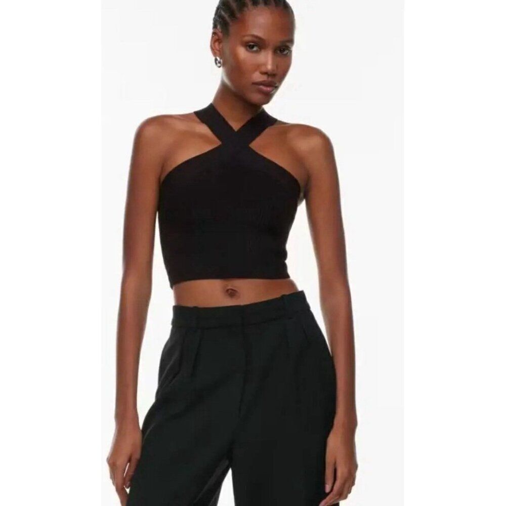Babaton Aritzia Rib knit cross front halter top Crop Solid Black Xs Nylon